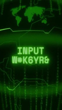 Eski yeşil dikey Retro CRT ekranı INPUT UYARI metnini rastgele hata ve Haking biçiminde gösterir