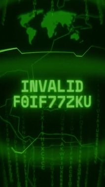 Eski yeşil dikey Retro CRT ekranı INVALID OPERATION metnini rastgele hata ve Haking biçiminde gösterir