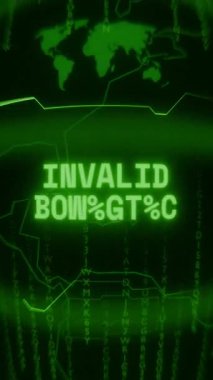 Eski yeşil dikey Retro CRT ekranı INVALID RESPONSE metnini rastgele hata ve Haking biçiminde gösterir
