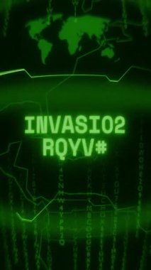 Eski yeşil dikey Retro CRT ekranı INVASION ALERT metnini rastgele hata ve Haking biçiminde gösterir