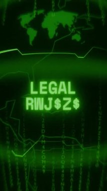 Eski yeşil dikey Retro CRT ekranı, rasgele hata ve Haking stilinde görünen metin LEGAL haklarını gösterir