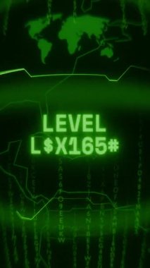 Eski yeşil dikey Retro CRT ekranı LEVEL yükleme metnini gösteriyor Rastgele arıza ve Haking biçimi