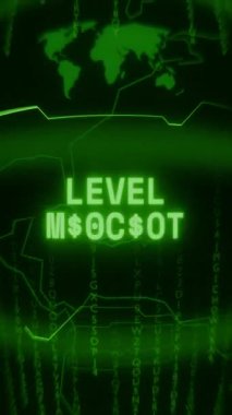 Eski yeşil dikey Retro CRT ekranı LEVEL Monitör metnini gösteriyor Rastgele arıza ve Haking biçimi