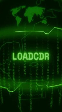 Eski yeşil dikey Retro CRT ekranı rastgele arıza ve Haking biçiminde gösterilen metin yüklemesini gösterir