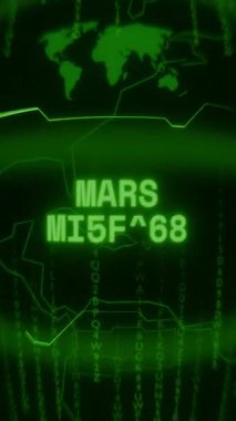 Eski yeşil dikey Retro CRT ekran rastgele hata ve Haking biçimi içinde beliren MARS MISSION metnini gösterir