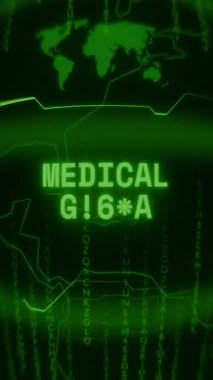 Eski yeşil dikey Retro CRT ekranı rastgele hata ve Haking biçiminde görünen MEDICAL ALERT metnini gösterir