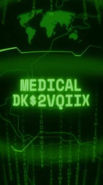 Eski yeşil dikey Retro CRT ekranı, rastgele hata ve Haking biçiminde görünen MEDICAL EMERGENCY metnini gösterir