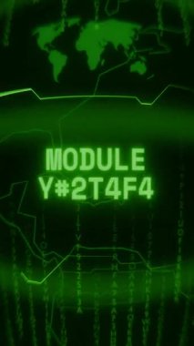 Eski yeşil Dikey Retro CRT ekranı, rastgele hata ve Haking tarzında görünen metin modülünü gösterir