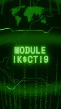 Eski yeşil Dikey Retro CRT ekranı, rastgele arıza ve Haking tarzında görünen metin modülünü gösterir