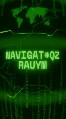 Eski yeşil dikey Retro CRT ekranı NAVIGATION ALERT metnini rastgele hata ve Haking biçiminde gösterir