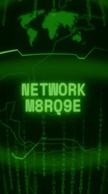 Eski yeşil Dikey Retro CRT ekranı NETworK ONLINE metnini rastgele hata ve Haking biçiminde gösterir