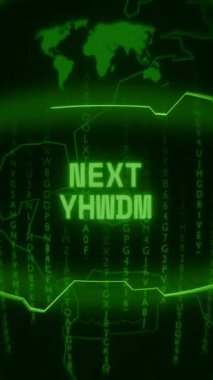 Eski yeşil dikey Retro CRT ekranı NEXT LEVEL metnini rastgele hata ve Haking biçiminde gösterir