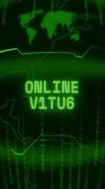 Eski yeşil dikey Retro CRT ekranı ONLINE FRAUD metnini rastgele hata ve Haking biçiminde gösterir
