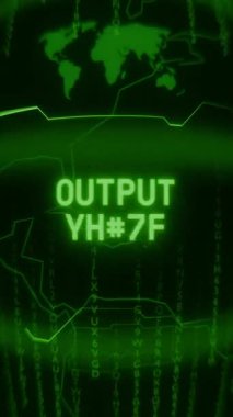 Eski yeşil dikey Retro CRT ekranı, rastgele arıza ve Haking biçimi içinde görünen DÜNYA HATIROR metnini gösterir