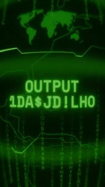 Eski yeşil dikey Retro CRT ekranı, rastgele arıza ve Haking biçiminde görünen OutTPUT GENERING metnini gösterir