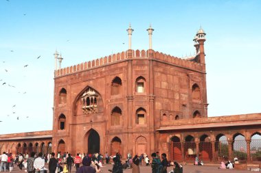 Delhi, Hindistan, 28 Kasım 2025. Jama Mescid 'in Kırmızı Kum Taşı Giriş Pavyonu Avluda Ziyaretçiler ve Kuşlarla