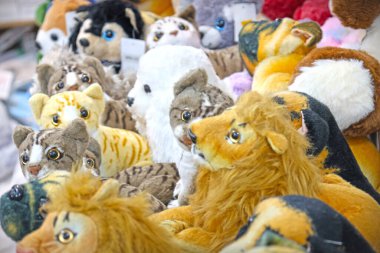 Nanded, MH, India, 21 Aralık 2025: Aslanlar, kaplanlar ve köpekler de dahil olmak üzere renkli pelüş hayvan oyuncaklarının detaylarını bir sokak pazarında satışa çıkarın.