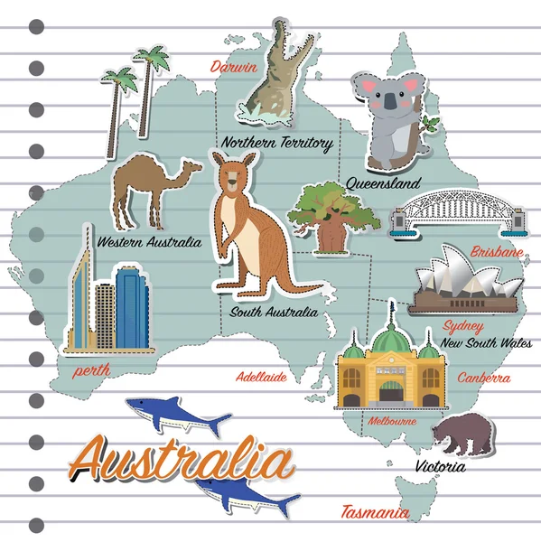 オーストラリア地図し、旅行のアイコン — ストックベクタ