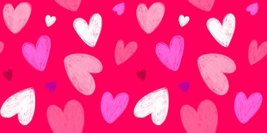 Kalem desenli, parlak pembe, mor ve kırmızı renklerde elle çizilmiş kalpler. Aşk temalı arka planlar, tekstil ve yaratıcı projeler için mükemmel bir romantik tasarım..