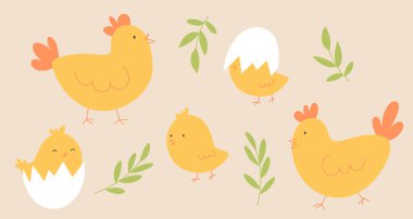 Yeşil bahar yapraklarıyla çevrili yumurta kabuklarından yumurtadan çıkan tavukları ve küçük civcivleri olan şirin vektör çizimi. Neşeli çiftlik temalı tasarım Paskalya, çocuk projeleri ve bahar çizimleri için mükemmel..