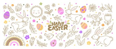 Yumurtalar, tavşanlar, kuşlar, çiçekler, bahar yaprakları, dallar ve Mutlu Paskalya harfleri de dahil olmak üzere el yapımı sanat eserleri. İlkbahar ve Paskalya temalı tasarımlar için oyuncu illüstrasyon seti.