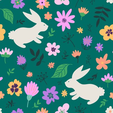 Tavşan siluetleri ve zümrüt yeşili arka planda renkli çiçeklerle kusursuz Paskalya deseni. Sarı, turuncu ve mor çiçeklerle süslü bahar tasarımı.