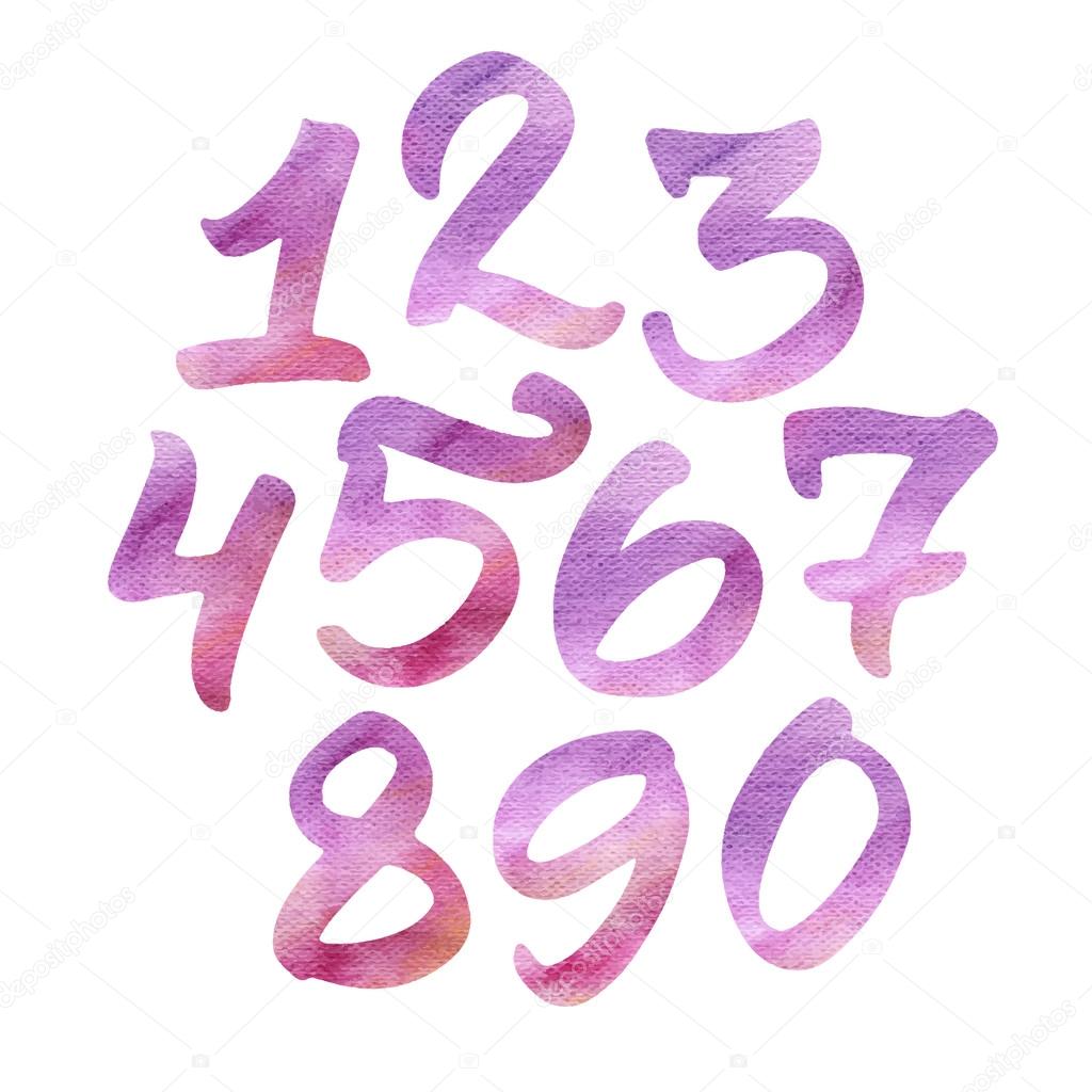 Hand painted watercolor numbers: 1, 2, 3, 4, 5, 6, 7, 8, 9, 0