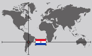 Ülke üzerinde çapraz çizgiler tarafından konumlandırılmış koordinat noktasına sahip dünya haritası Paraguay
