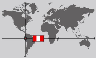Peru 'daki çapraz çizgiler tarafından konumlandırılmış koordinat noktasına sahip dünya haritası