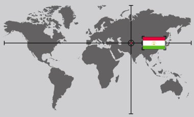 Tacikistan 'da çapraz çizgiler tarafından konumlandırılmış koordinat noktasına sahip dünya haritası