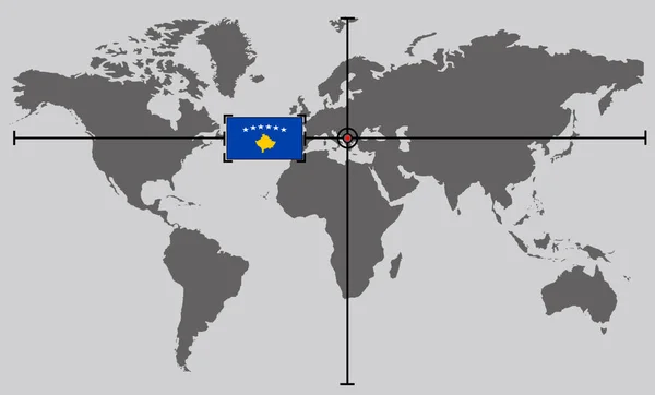 World map with coordinate point positioned by crossed lines on country kosovo