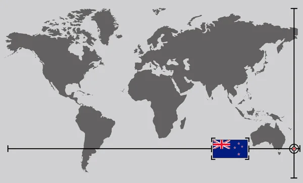 World map with coordinate point positioned by crossed lines on country New Zealand