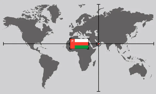 World map with coordinate point positioned by crossed lines on country Oman