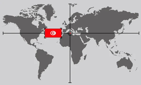 World map with coordinate point positioned by crossed lines on country Tunisia