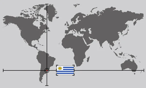 World map with coordinate point positioned by crossed lines on country Uruguay