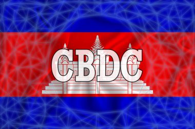Üzerinde CBDC (Merkez Bankası Dijital Para Birimi) yazan Kamboçya bayrağı ve etrafında bir engelleme zinciri ızgarası var. Tasarımınız için grafiksel konsept. 3d oluşturma