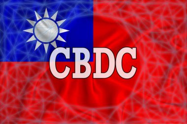 Üzerinde CBDC (Merkez Bankası Dijital Para Birimi) yazan Tayvan bayrağı ve etrafında bir engelleme zinciri ızgarası. Tasarımınız için grafiksel konsept. 3d oluşturma