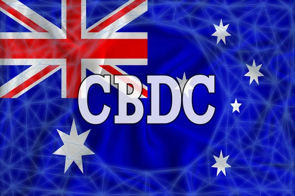 CBDC (Merkez Bankası Dijital Para Birimi) yazılı Avustralya bayrağı ve etrafında bir engelleme zinciri ızgarası. Tasarımınız için grafiksel konsept. 3d oluşturma