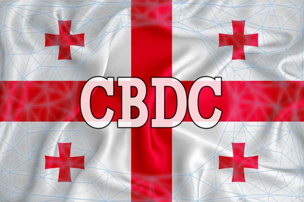 Üzerinde CBDC (Merkez Bankası Dijital Para Birimi) yazan Gürcistan bayrağı ve çevrede bir engelleme zinciri. Tasarımınız için grafiksel konsept. 3d oluşturma