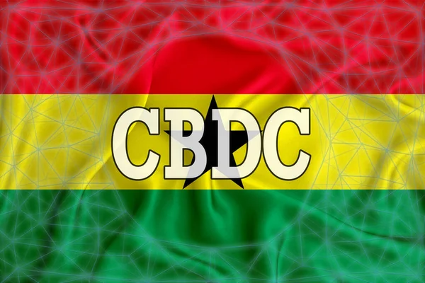 Üzerinde CBDC (Merkez Bankası Dijital Para Birimi) yazan Gana bayrağı ve etrafında bir engelleme zinciri ızgarası var. Tasarımınız için grafiksel konsept. 3d oluşturma