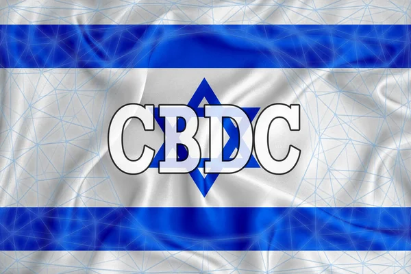 Üzerinde CBDC (Merkez Bankası Dijital Para Birimi) yazılı İsrail bayrağı ve etrafında bir engelleme zinciri ızgarası var. Tasarımınız için grafiksel konsept. 3d oluşturma