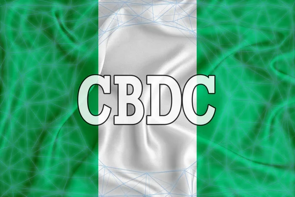 Üzerinde CBDC (Merkez Bankası Dijital Para Birimi) yazan Nijerya bayrağı ve etrafında bir engelleme zinciri ızgarası var. Tasarımınız için grafiksel konsept. 3d oluşturma