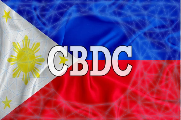Üzerinde CBDC (Merkez Bankası Dijital Para Birimi) yazan Filipinler bayrağı ve etrafında bir engelleme zinciri ızgarası var. Tasarımınız için grafiksel konsept. 3d oluşturma