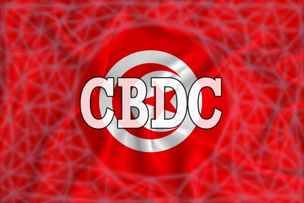 突尼斯的国旗上刻着Cbdc 中央银行数字货币 和一个区块网 图形概念为您的设计 3D渲染 — 图库照片