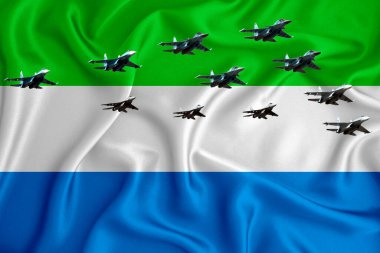 Sierra Leone bayrağı, arkaplanda logonuz için yer var - askeri 3D illüstrasyon. Hava geçidi, askeri hava gösterisi, askeri havacılık geçit töreni. 3B görüntüleme