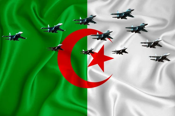 Σημαία Αλγερίας Φόντο Χώρο Για Λογότυπό Σας Στρατιωτική Απεικόνιση Αεροπορική — Φωτογραφία Αρχείου