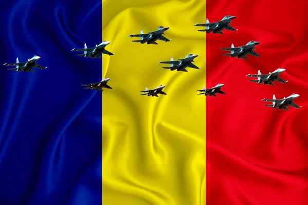 Chad Flag Achtergrond Met Ruimte Voor Logo Militaire Illustratie Luchtparade — Stockfoto