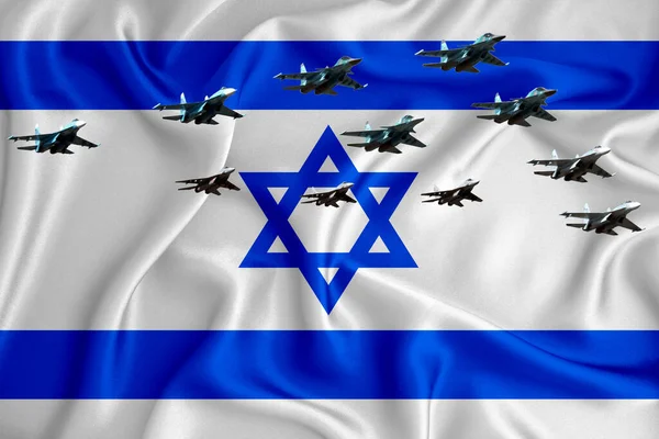 以色列国旗 背景与空间为您的标志 军事3D插图 空中阅兵式 军事航空展 军事航空阅兵式 3D渲染 — 图库照片