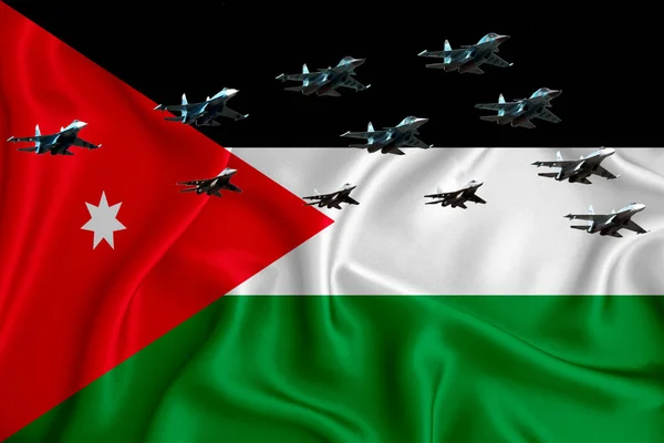 Jordanië Vlag Achtergrond Met Ruimte Voor Logo Militaire Illustratie Luchtparade — Stockfoto