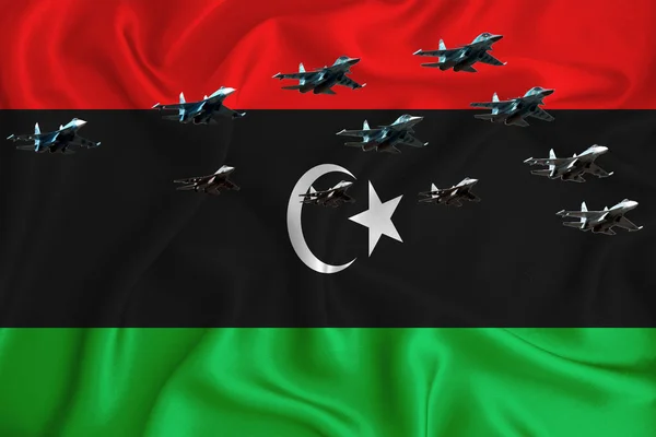 利比亚国旗 背景与空间为您的标志 军事3D插图 空中阅兵式 军事航空展 军事航空阅兵式 3D渲染 — 图库照片